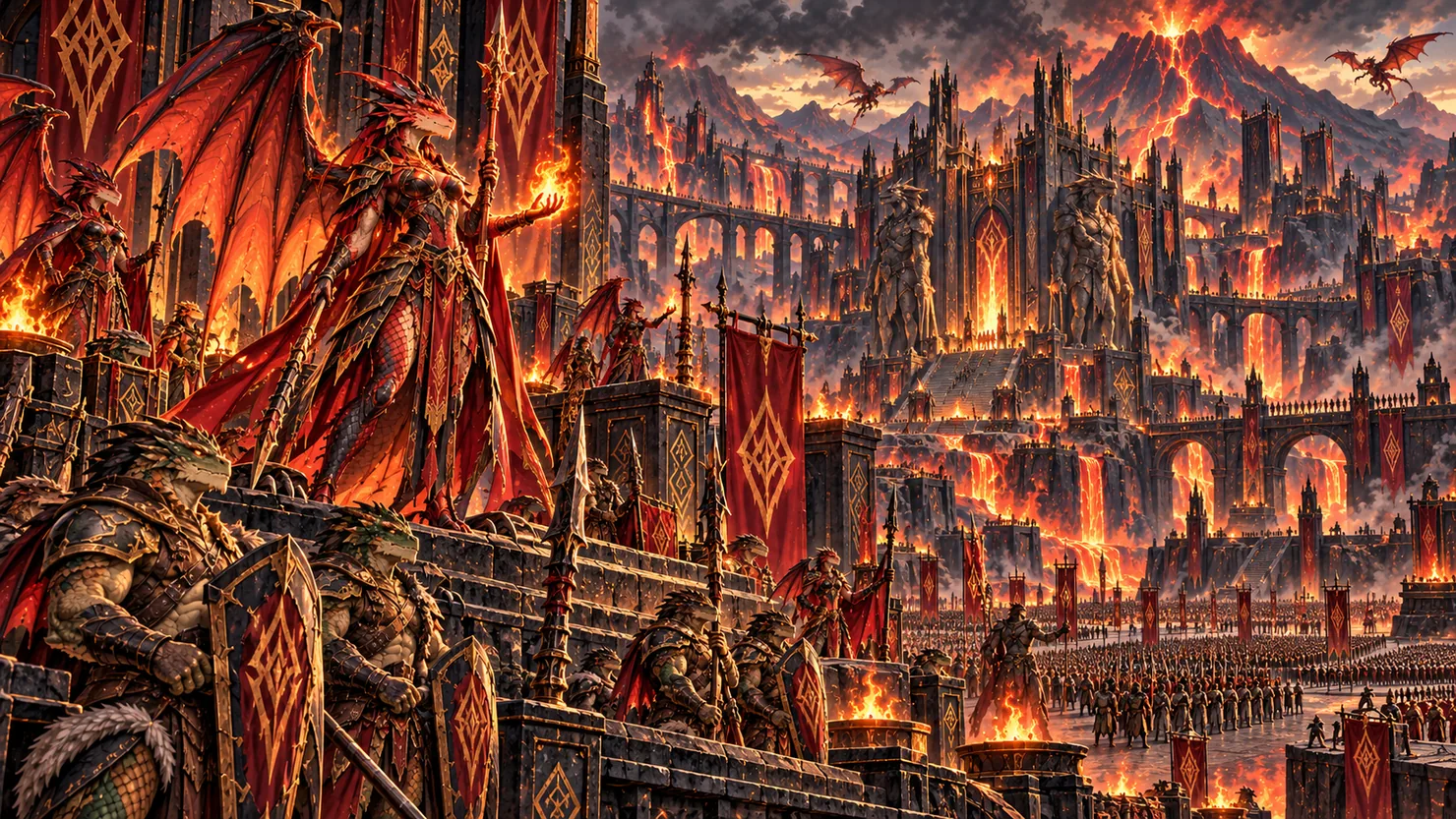 Ilustración del Imperio Dracónico entre volcanes