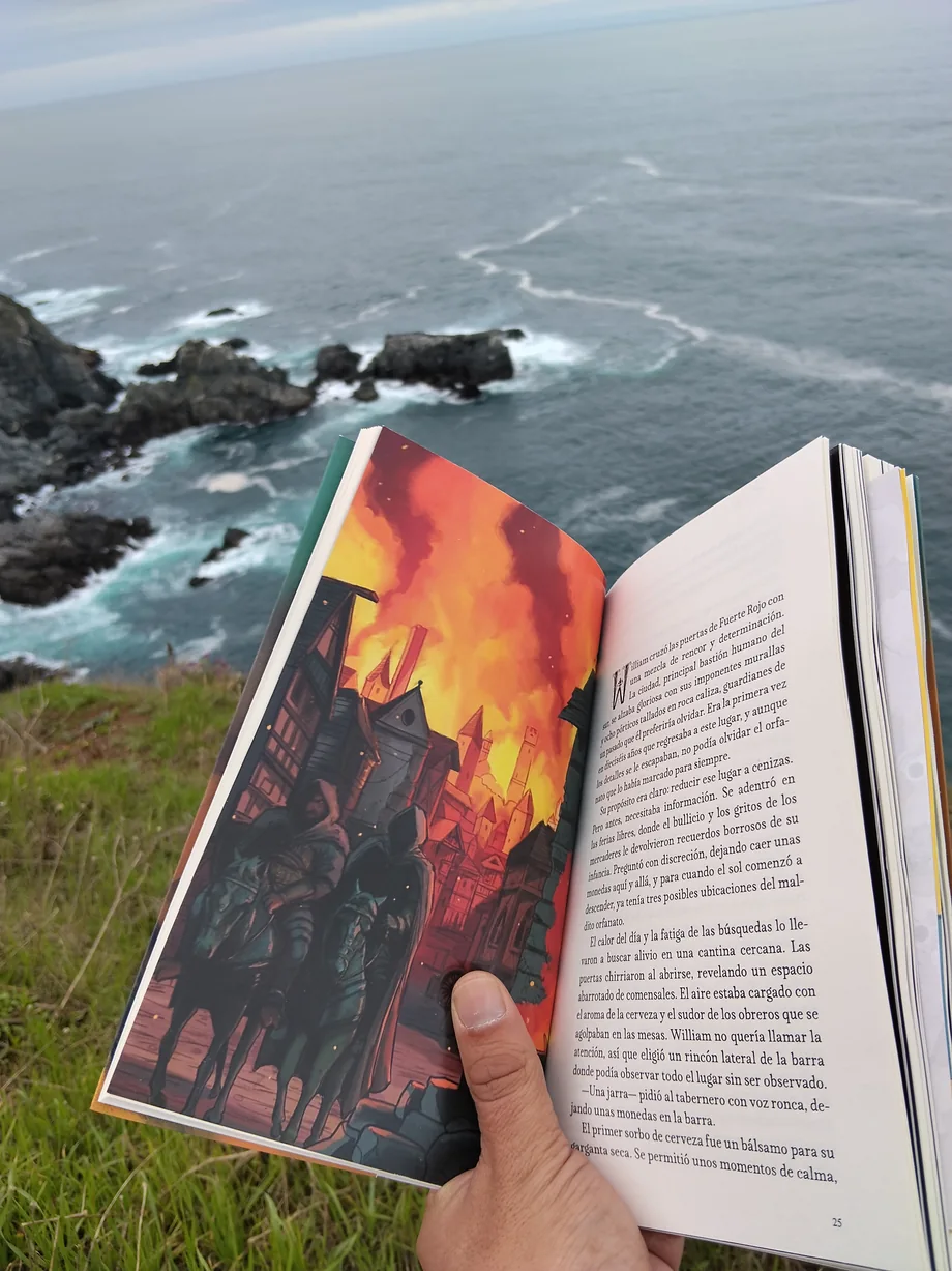 Libro abierto mostrando una ilustración original y una página de texto